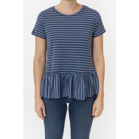 Abercrombie & Fitch Blue Striped Ruffle Hem Short Sleeve T-Shirt Top - M - Picture 1 of 4